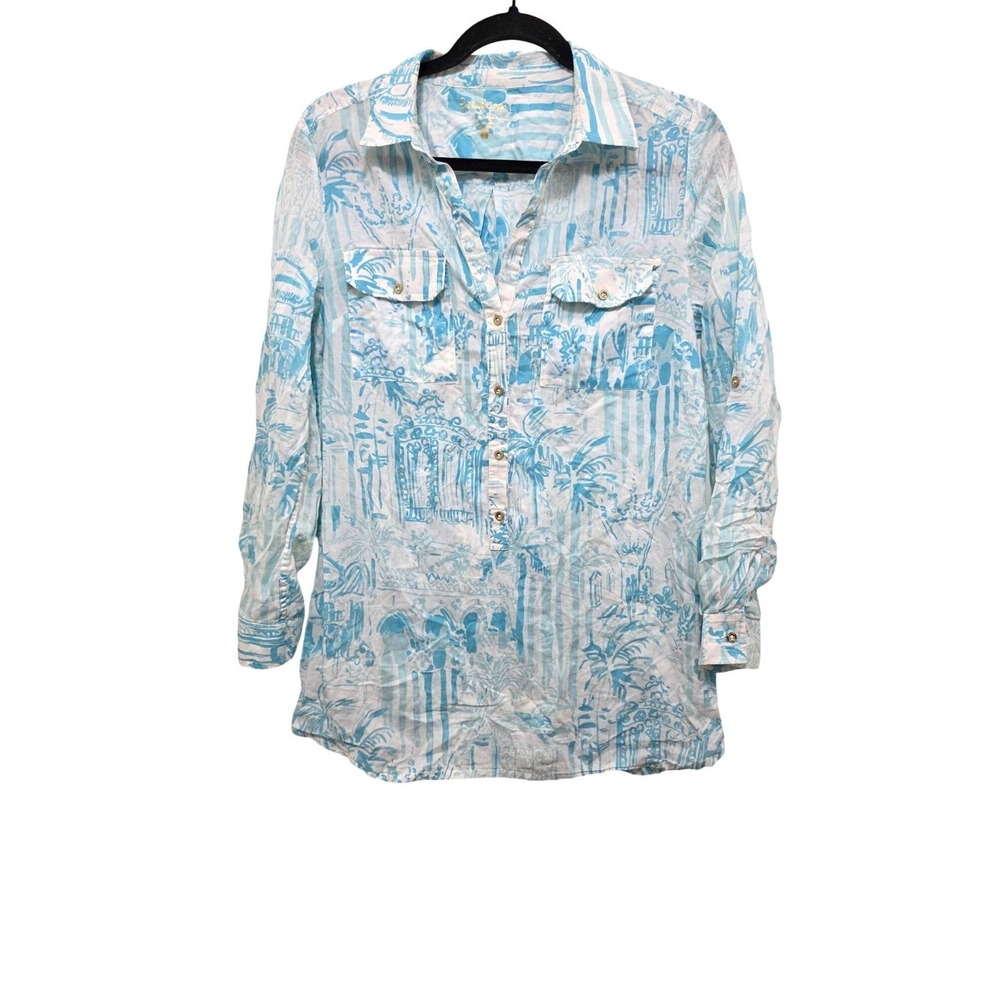 Lilly Pulitzer Blue & White Button-Down Tunic Tropical Print Roll-Up Sleeves Siz